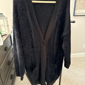 Sanctuary Black Fuzzy V-Neck Button Cardigan